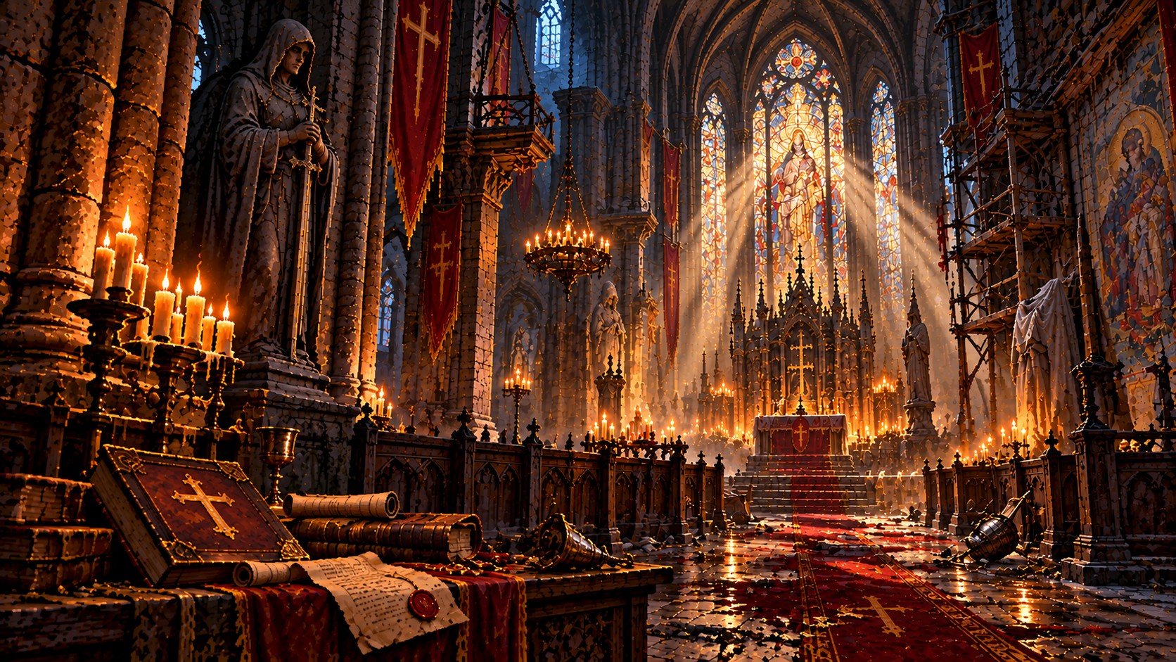 Interior de uma catedral à luz de velas, com vitrais, estandartes vermelhos e livros antigos sobre uma mesa.