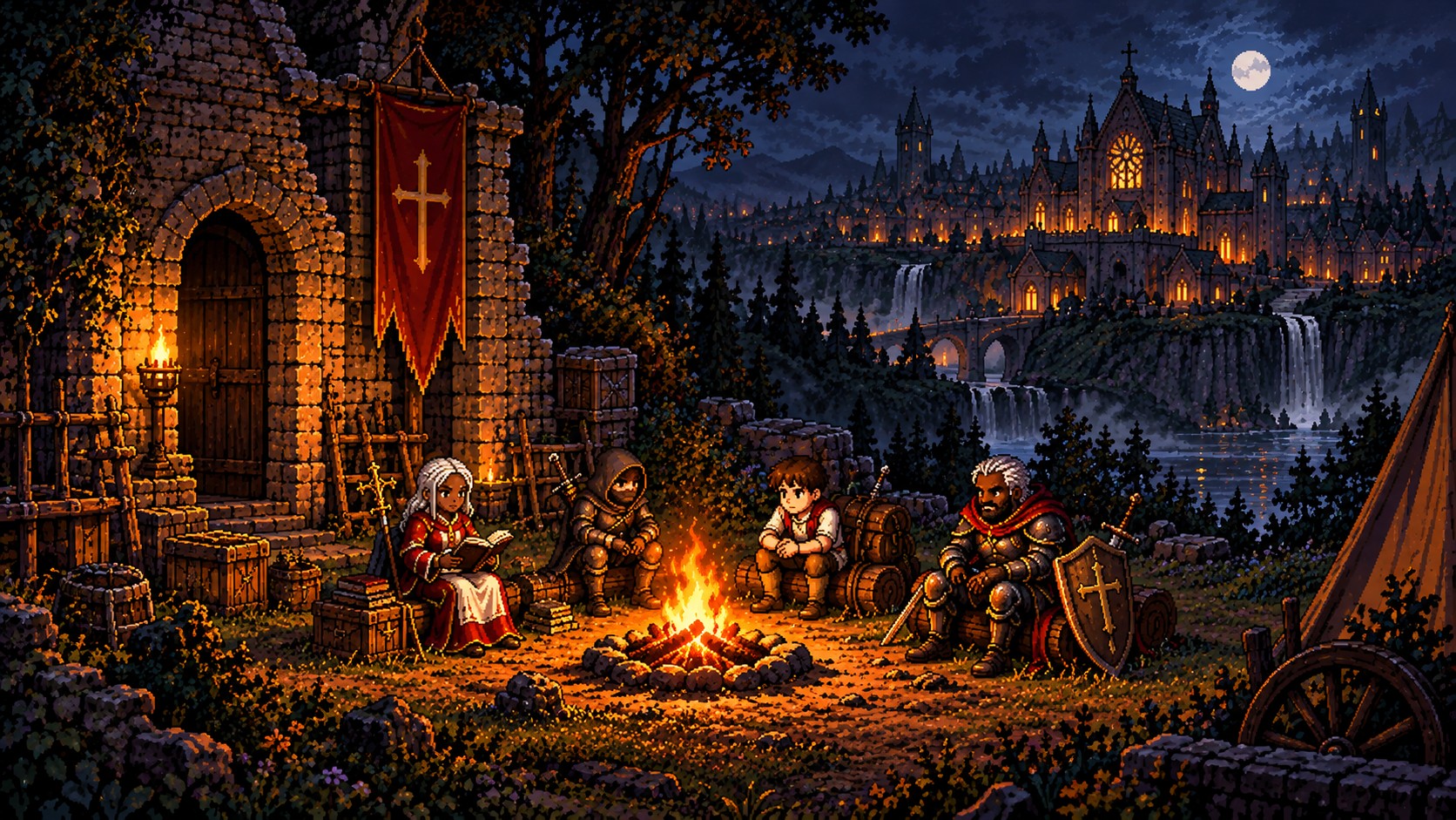 Ilustração conceitual de quatro viajantes reunidos em volta de uma fogueira, perto de uma capela, com uma cidade iluminada ao fundo.