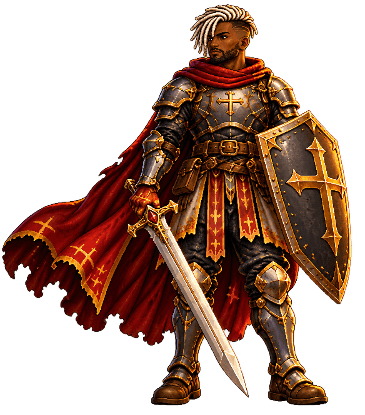 O Paladino de corpo inteiro, com armadura, escudo com cruz dourada, espada longa e capa vermelha.